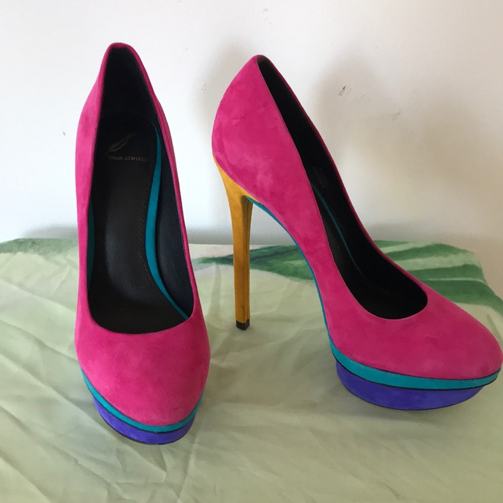 Brian Atwood Fuchsia Suede Platform Pumps with Teal & Purple Accents